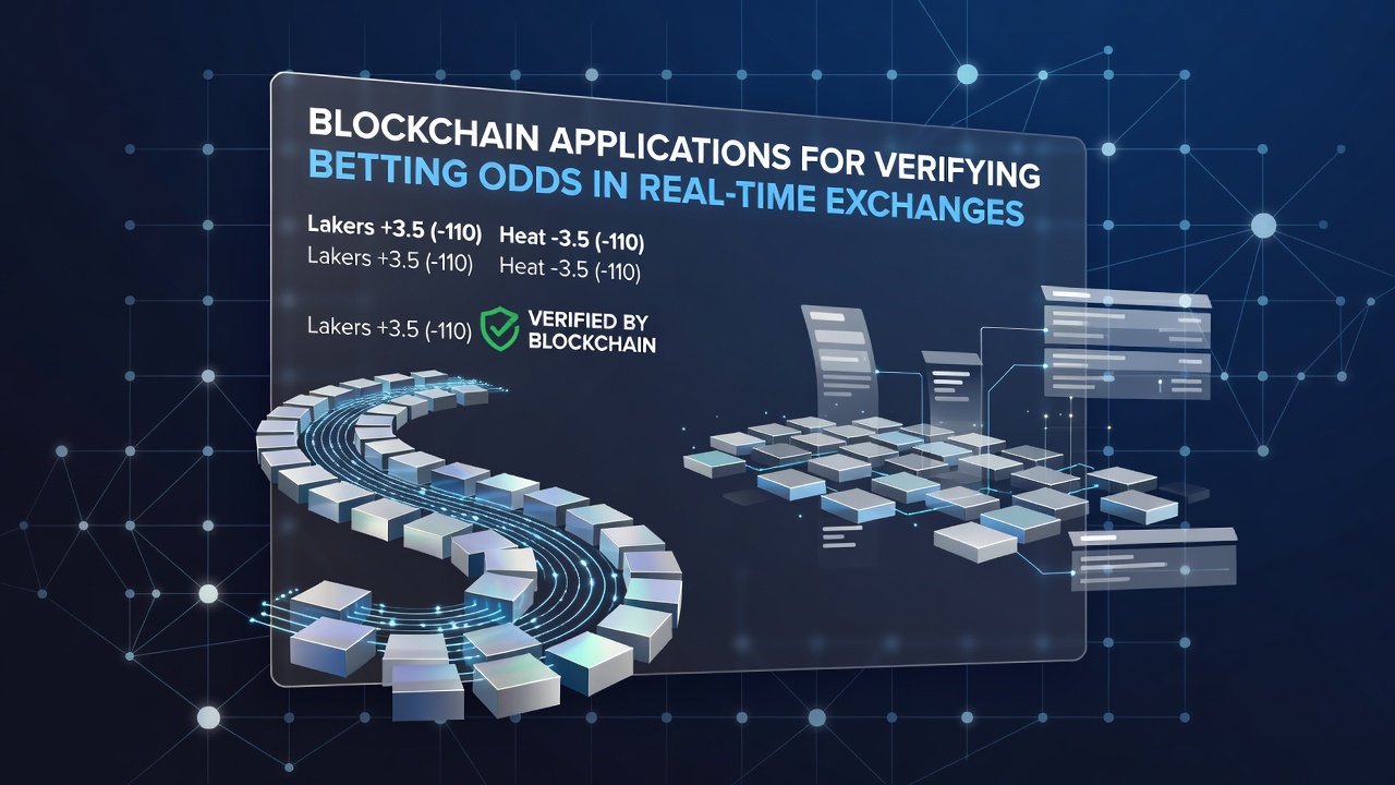 Blockchain network visualization showing real-time data verification nodes connected across a betting exchange platform