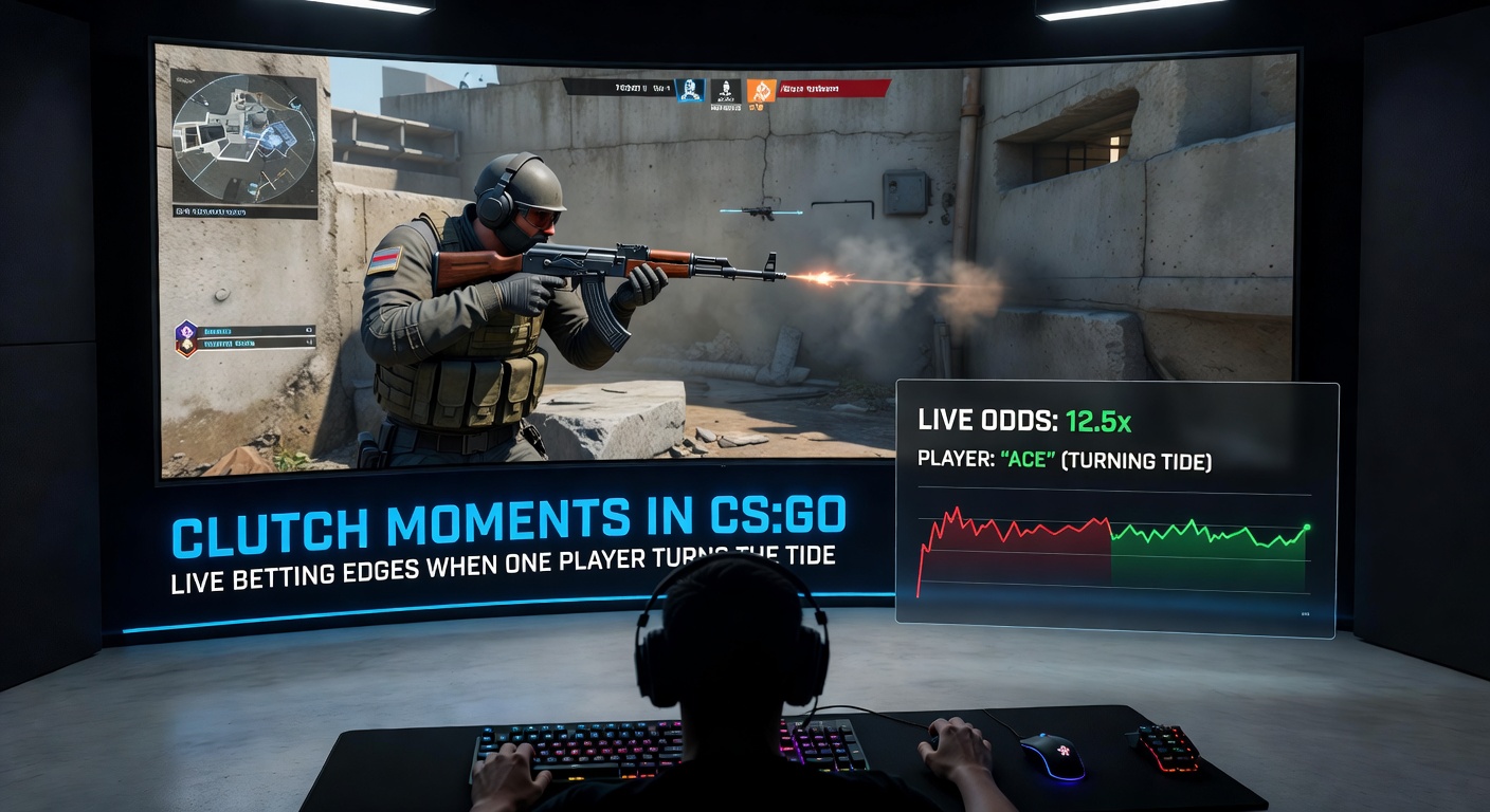 Professional CS:GO player executing a clutch 1v3 on Overpass, with teammates watching from spawn, capturing the betting frenzy as odds shift live