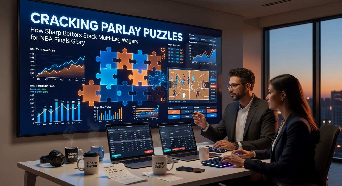 Sharp bettors analyzing NBA Finals parlay wagers on multiple screens with game stats and odds displayed