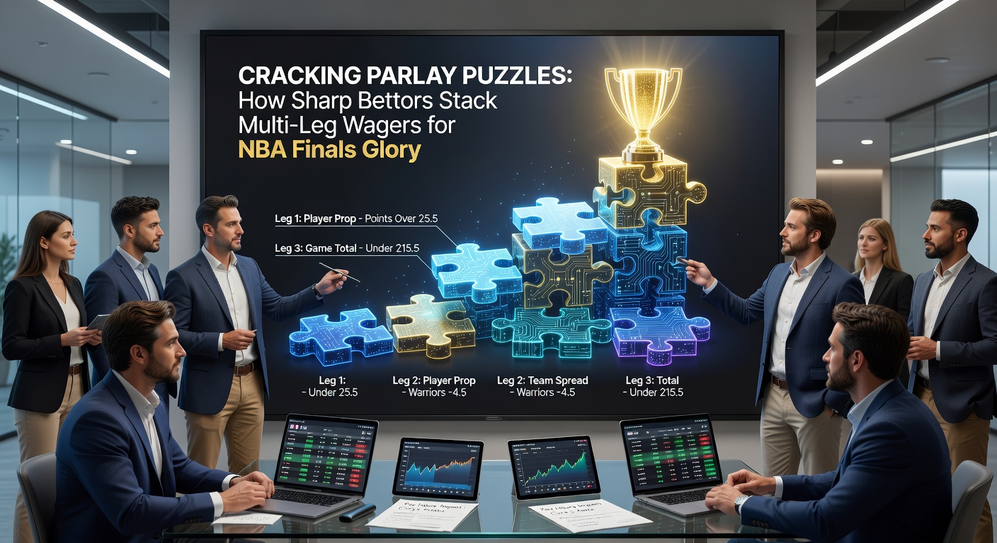 NBA Finals betting board showing stacked parlay odds with multi-leg combinations highlighted amid cheering crowds