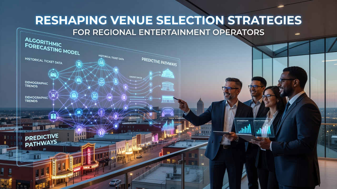 Data visualization showing algorithmic forecasting models evaluating multiple venue options for regional entertainment events