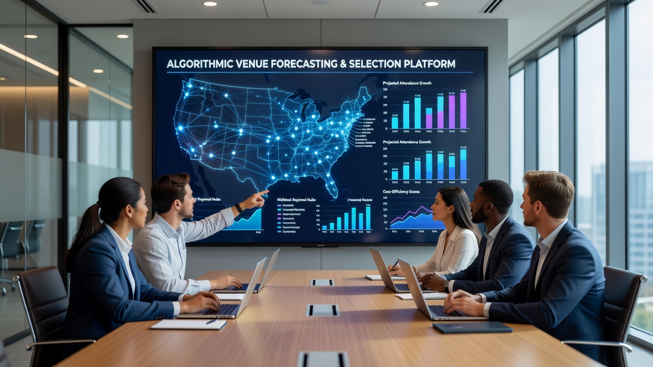 Regional entertainment operators reviewing algorithmic venue scoring reports during a planning session in June 2026