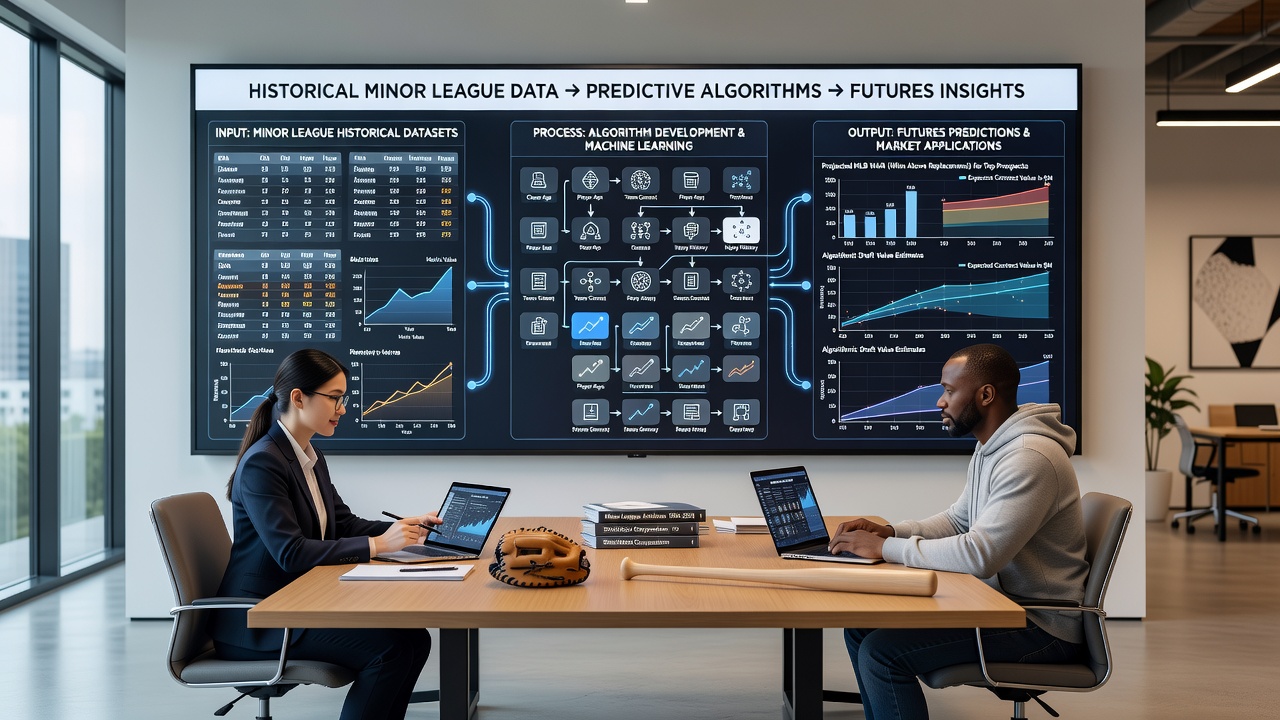 Data analysts reviewing minor league stats on multiple screens to refine call-up prediction algorithms