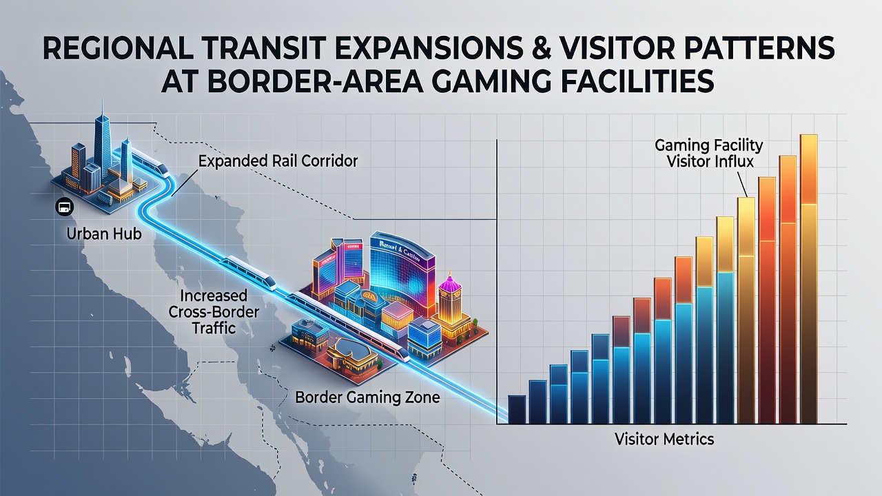 Regional transit expansion connecting to border-area gaming facilities with visible rail lines and casino structures