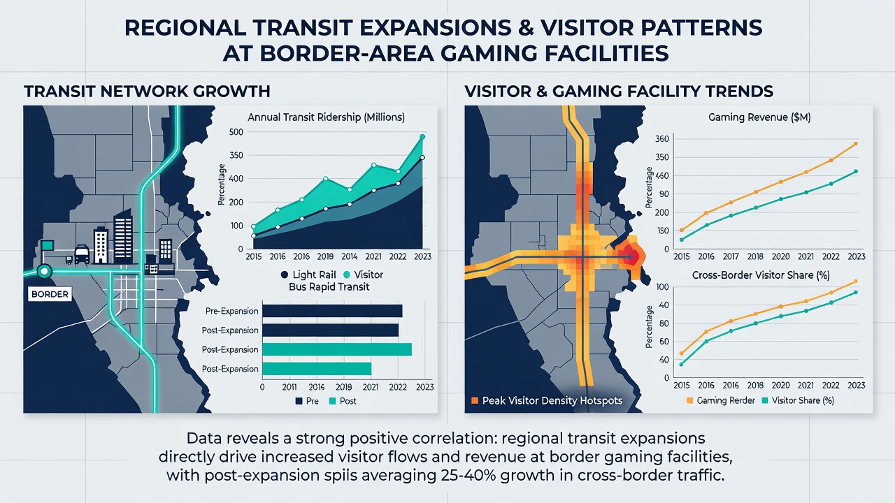 Border gaming facility visitors arriving via expanded transit options with buses and rail visible