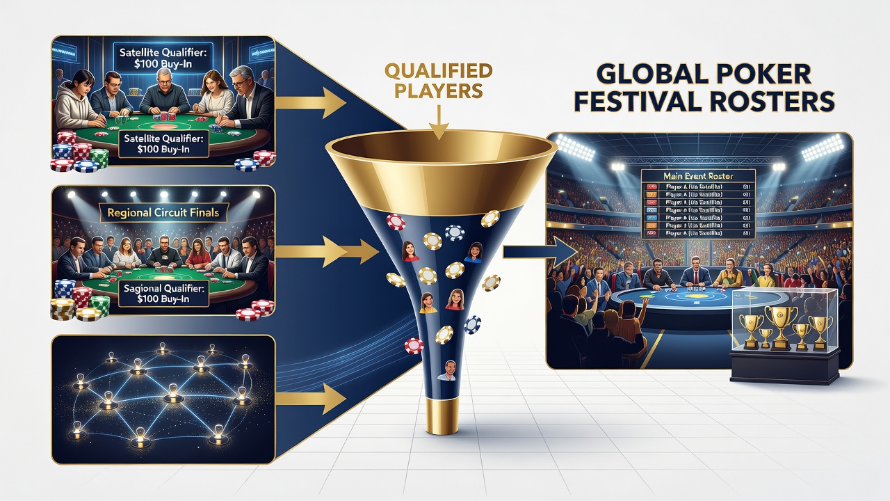 Global poker festival main stage with players who advanced through satellite circuits